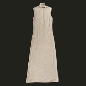 70s Vintage Metallic Maxi Shift Dress Turtleneck Sleeveless Sweater Gold.